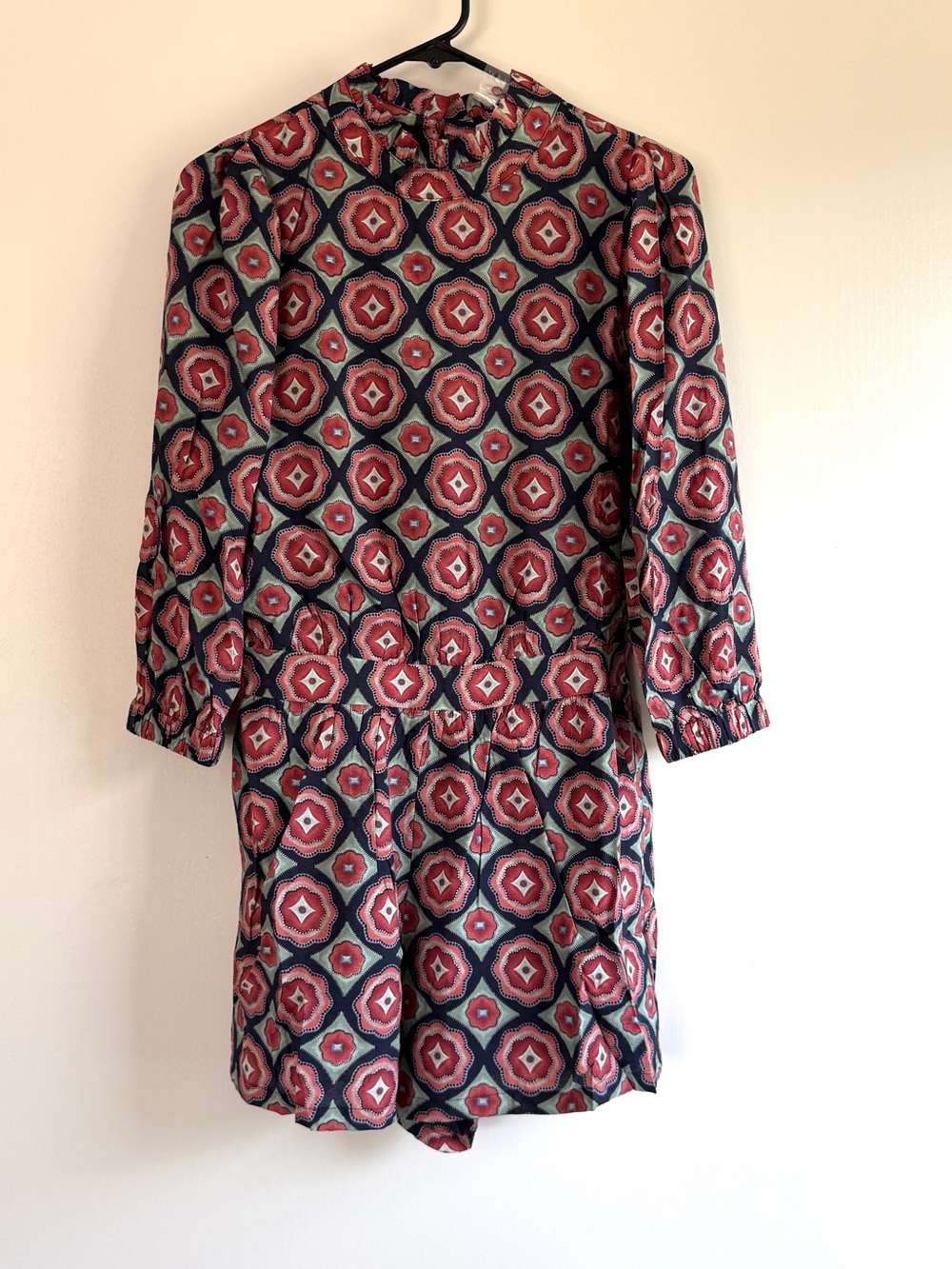 THML Red and Green Printed Long-Sleeve Romper Shorts Retro Boho